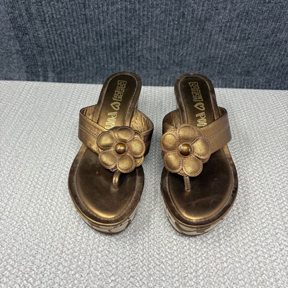 Coach Poppy Gold Metallic Flower Wedge Sandals Harley Women’s Size 7 B VTG Y2K